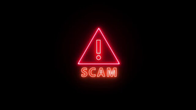 Neon Scam alert message. virus and Scam, System warning hacked Alert,risk of webside, Scam on online network, data breach, Fraud and Danger with Exclamation background...