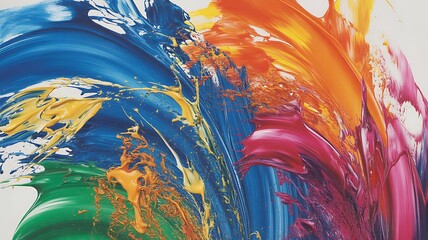 Colorful splashes of watercolor paint form an abstract design. Abstract art of colorful paint splatters on a white background. Rainbow paint splatter banner, white background, design