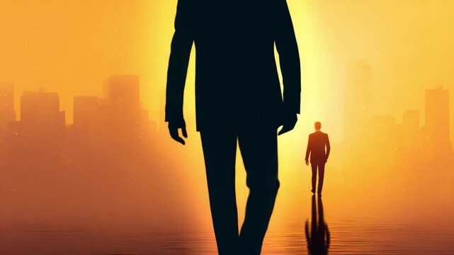 Silhouette of Success: A powerful silhouette of a confident professional strides forward towards a future, casting a long shadow, symbolic of ambition and determination.