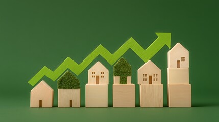 Green upward arrow showing growth in sustainable housing market
