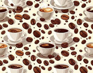 Obraz premium Seamless pattern of coffee cups, steam, and roasted beans on a beige background