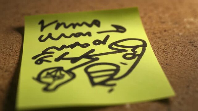Close-Up of a Handwritten Note with Smiley Face. Retro / Nostalgia / Time Warp. Handwritten note on a brightly colored sticky note featuring messy handwriting doodles and a smiley face icon.
