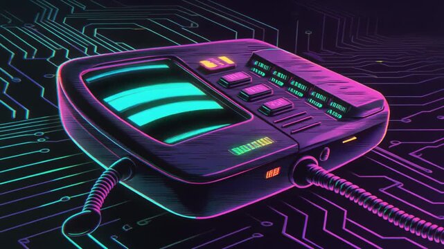 Close-Up of Dial-Up Modem Connection. Retro / Nostalgia / Time Warp. cyberpunk-inspired digital painting close-up of an dial-up modem with its status lights blinking and a telephone cord connected.
