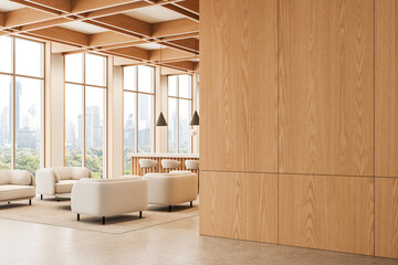 Modern interior design with wooden accents and panoramic windows in a bright lounge area overlooking the city skyline and nature outside. 3D Rendering