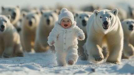 Baby laughing running with polar bears in snow