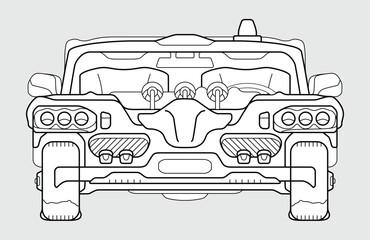 Retro car in outline design, monocrome front view drawing, conceptual draft of a sedan. vehicle Vector illustration