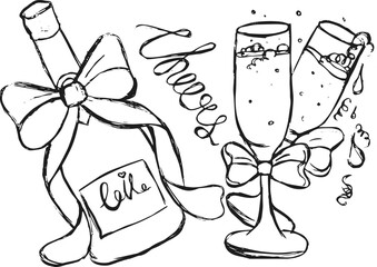 A charming hand-drawn sketch of a champagne bottle and two flutes adorned with bows, perfect for celebrations like weddings, anniversaries, or Valentine&rsquo;s Day.