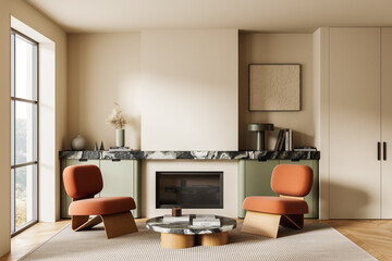 Fototapeta premium Modern interior design living room with orange chairs and marble fireplace in soft beige tones, featuring elegant furniture and natural lighting. 3D Rendering