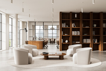 Modern office interior with elegant lounge area, minimalist armchairs, wooden bookshelves, and panoramic windows in daylight setting. 3D Rendering