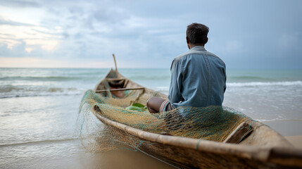 Artisanal fisherman paddling canoe display, fish net remote location traditional fishing, visualization cultural maritime concept, with copy space