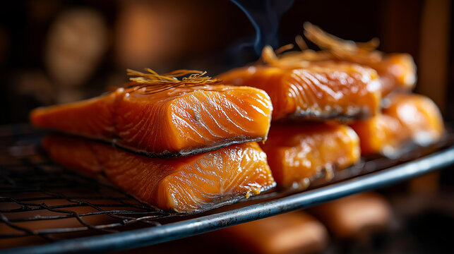 Salmon smoking curing process display, artisanal facility food production concept, traditional preservation visualization, seafood processing representation, with copy space