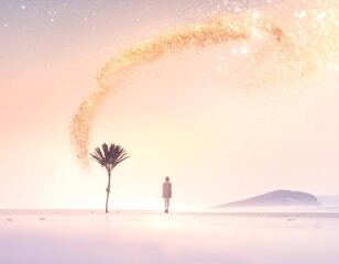 Person walking towards palm tree under ethereal golden stardust trail