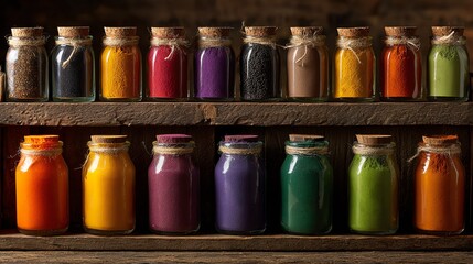 Vibrant Spice Collection in Rustic Jars on Wooden Shelves