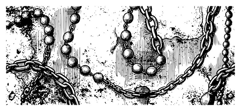 Grunge texture background featuring hanging metal chains and beaded necklaces in black and white