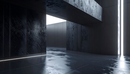 Modern minimalist concrete interior with water, light and shadow