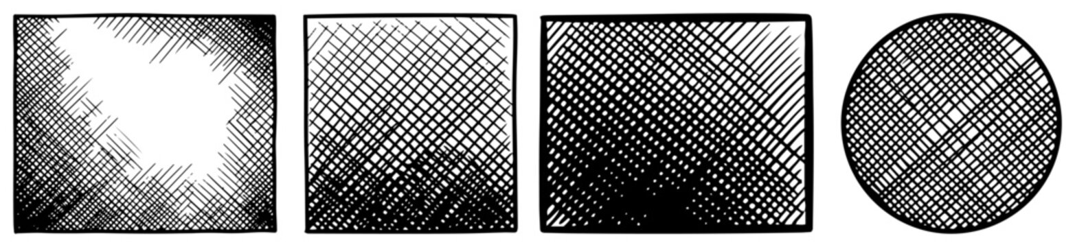 Set of cross hatching shading textures in geometric shapes with engraving style