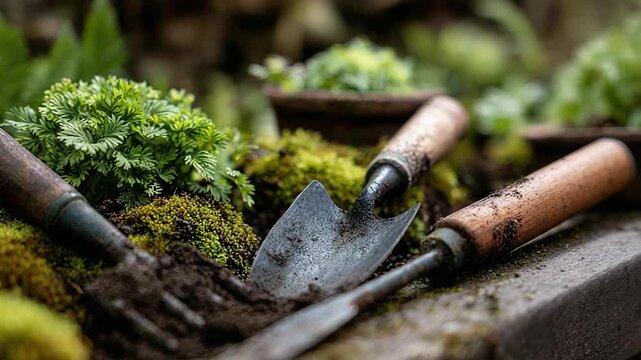 Gardening tools and fresh foliage in vibrant greenery setting