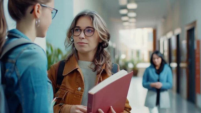 Friendly conversation between students in a hallway with natural light and red notebook