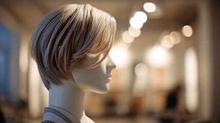 Sensorized mannequin head in medium shot capturing dynamic usage data during advanced haircut styling exercises with a softly blurred background.