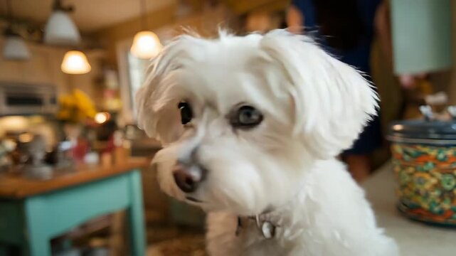 Curious maltese dog exploring cozy kitchen with playful curiosity and bright eyes