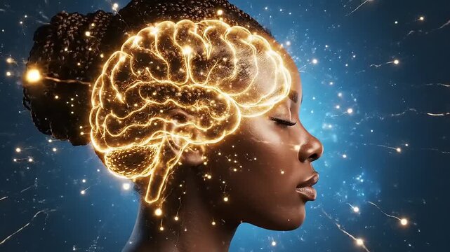 A woman's profile with a glowing brain, surrounded by stars and sparks, illustrating mental clarity and innovation