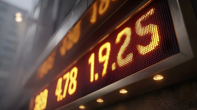 Close up of a glowing digital ticker displaying financial market data with numerical figures against a blurred urban background - Powered by Adobe