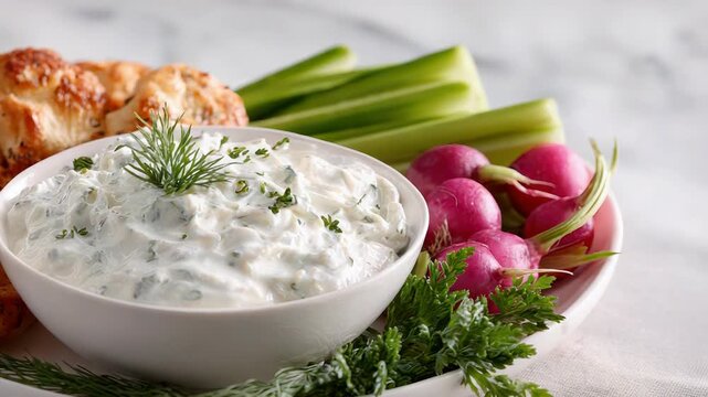 Creamy herb dip with fresh vegetables and grilled bread delight