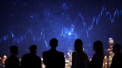 Silhouetted business professionals view a financial market graph under a starry night sky and city skyline representing future growth and investment