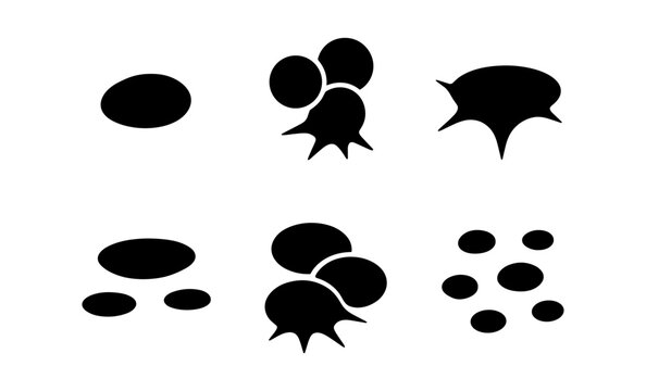 Abstract black shapes representing growth, division, and aggregation on a white background