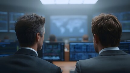 Professionals in suits monitor complex global data on multiple screens in a high tech control room