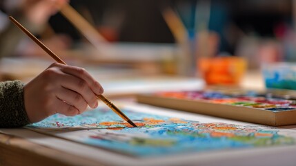 Obraz premium Closeup of hand painting scientific diagrams on canvas during artbased science lesson vibrant colors in focus while studio setting softly fades.