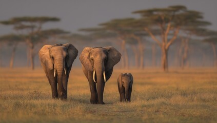 Elephant family walking on savanna at sunset