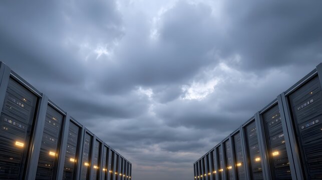 Server racks in parallel rows under a dramatic overcast sky with glowing lights indicating active technology