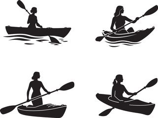 Collection of Woman Kayaking and Canoeing Silhouettes Vector Illustration Set, Adventurous Water Sport Activities, Outdoor Recreation, Paddling with Oars, Kayaker Lifestyle Graphic Clip Art