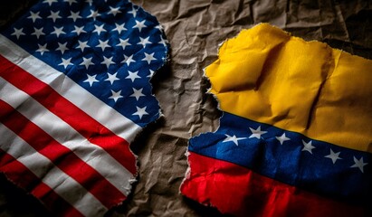 United states venezuela flags torn symbolizing conflict crisis