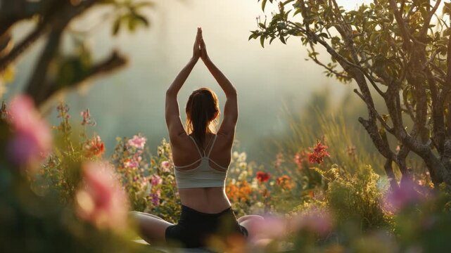Embracing Serenity in Nature's Embrace: A silhouette of a woman meditates peacefully amidst a serene, floral garden, illuminated by soft sunlight, a perfect image of tranquility.