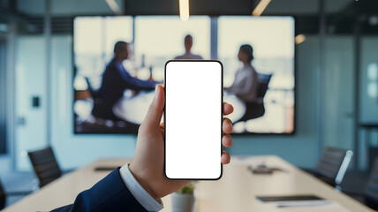 Blank smartphone screen in hand during business video conference meeting.