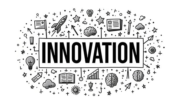 Hand-drawn doodles of creative innovation, technology, ideas, and progress, illustrating concept of brainstorming, invention, and futuristic thinking