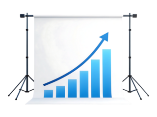 A blue bar graph with an upward trend on a transparent background in a studio setting with stands