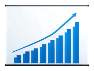 A blue bar graph with an upward trend on a projector screen isolated on transparent background showing growth and statistics