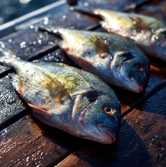 Freshly caught sea bream on fishing boat deck, wet surface, natural sunlight.