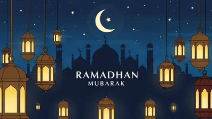 Ramadan mubarak celebration with glowing lanterns and crescent moon in night sky with mosque silhouette with Islamic celebration and Eid Mubarak