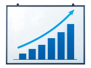 A blue bar graph with an upward trend on a presentation board with a blue arrow isolated on transparent background