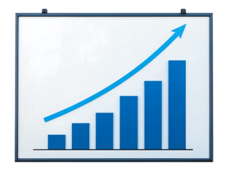 A blue bar graph with an upward trend on a presentation board with a blue arrow isolated on transparent background
