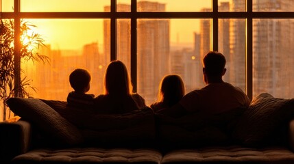 Family Watching Golden Sunset from Apartment Window