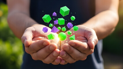 Hands sprout a garden of glowing magenta and purple holographic geometric shapes. A surreal and playful concept of digital growth, creativity, and nurturing new ideas.