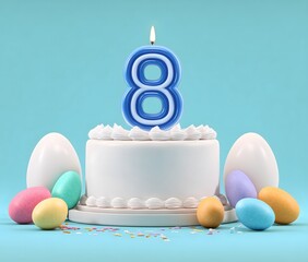 White birthday cake with number eight candle and easter eggs