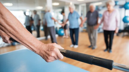Closeup of hands adjusting therapy equipment on a treatment table with seniors performing mobility exercises blurred in the bright rehab gym area.