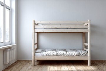 Fototapeta premium Natural light illuminates a wooden bunk bed with a made bed in a room.