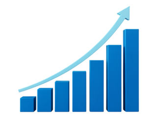 A blue bar graph with an upward trend and a light blue arrow on a transparent background showing growth